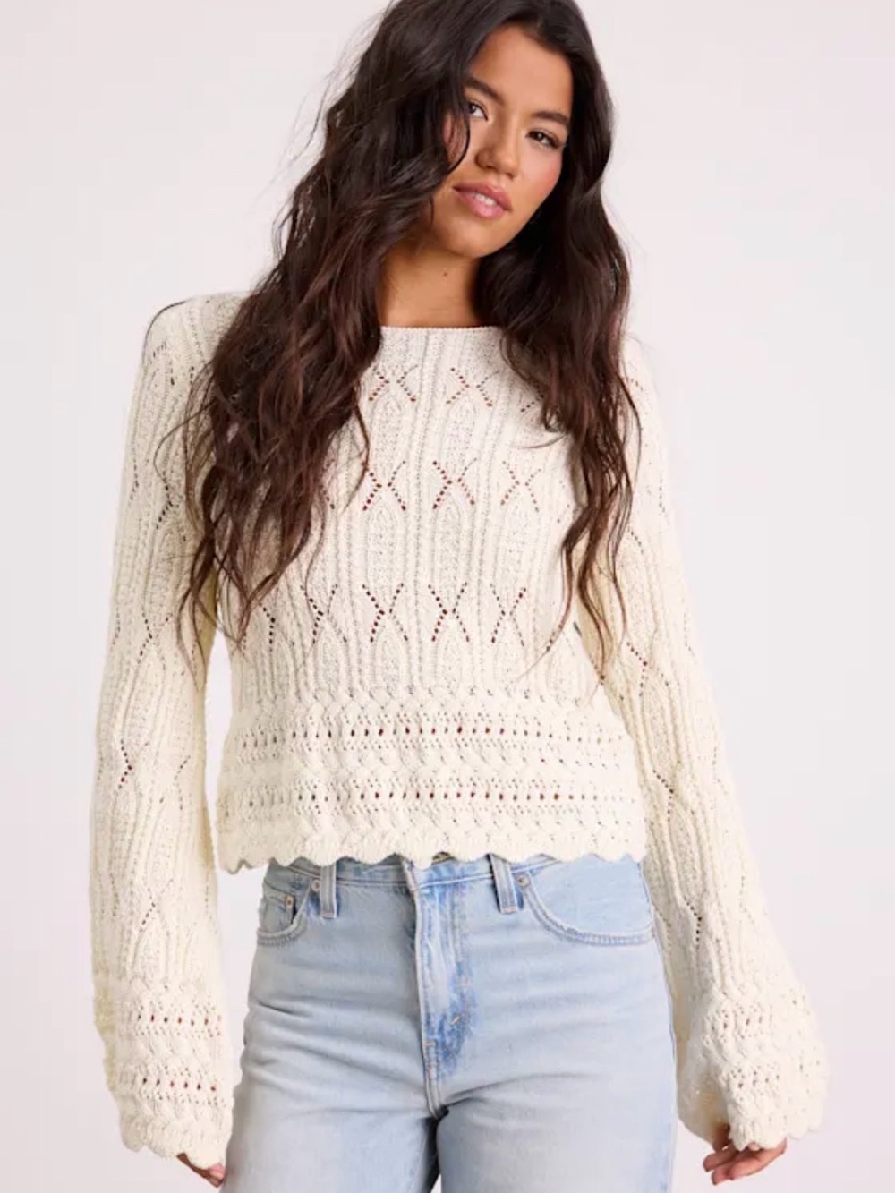 Lulus NWT Wendy Ivory Crochet Bell Sleeve Sweater size medium